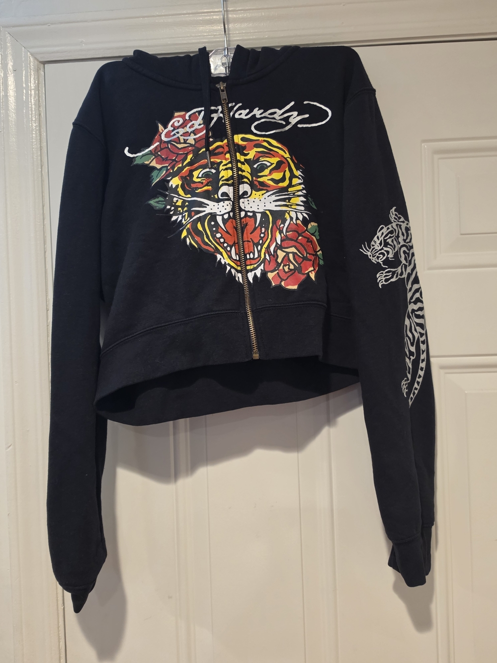 Ed Hardy Black Cropped Zip Hoodie with Tiger & Rose Graphic